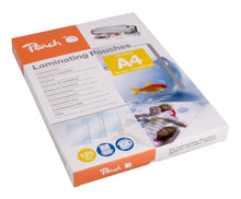Peach Lamineringslommer A4 100 stk æske med billede af laminator, guldfisk og familiefoto på emballagen.