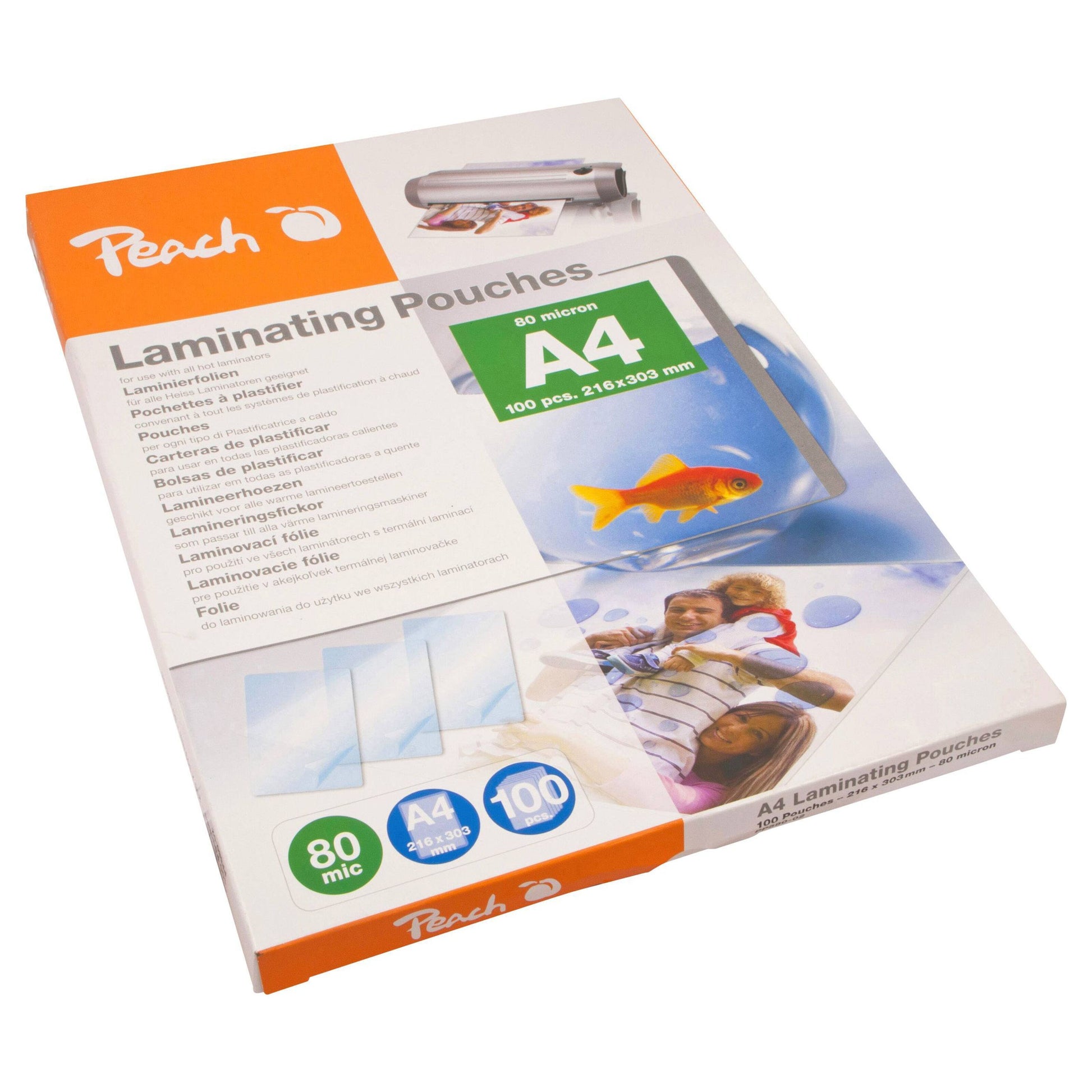 Peach 100 tynde lamineringslommer A4 80 mikron, emballage med laminerede ark, guldfisk, familiefoto, flersproget info.