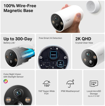TP-Link Tapo C425 4-pak batteridrevet overvågningskamera 2K QHD, magnetisk base, AI-bevægelse, farve-nattesyn, IP66.