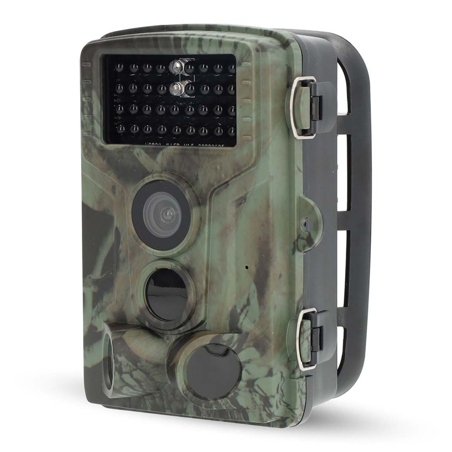 Ultra HD 4K vildtkamera, camouflagedesign, 4K-kamera, infrarøde sensorer, sorte sidelåse til overvågning og nattesyn.