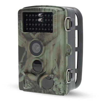 Ultra HD 4K vildtkamera, camouflagedesign, 4K-kamera, infrarøde sensorer, sorte sidelåse til overvågning og nattesyn.