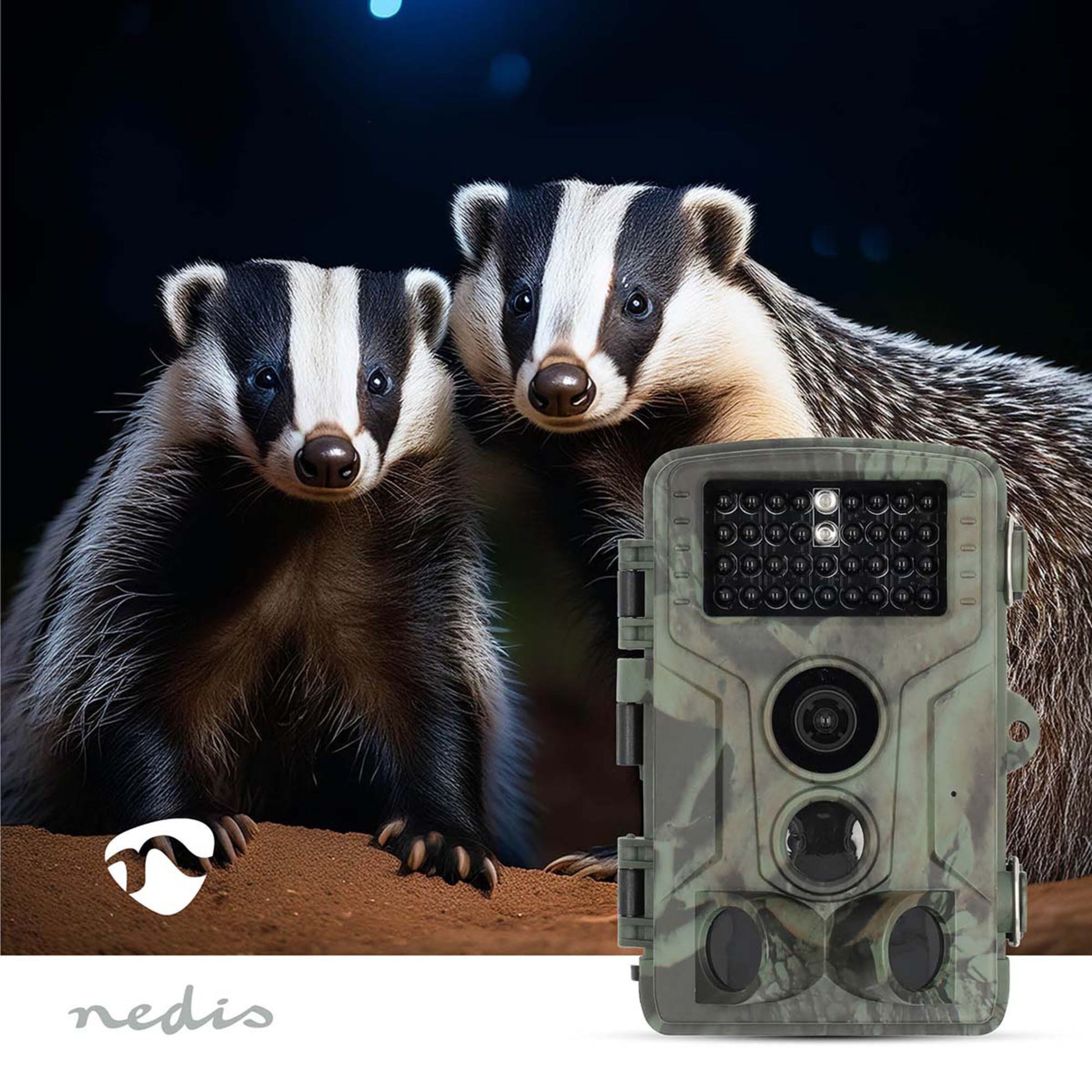 Nedis Ultra HD 4K vildtkamera med nattesyn, camouflage-design og Nedis-logo, opstillet udendørs om natten.