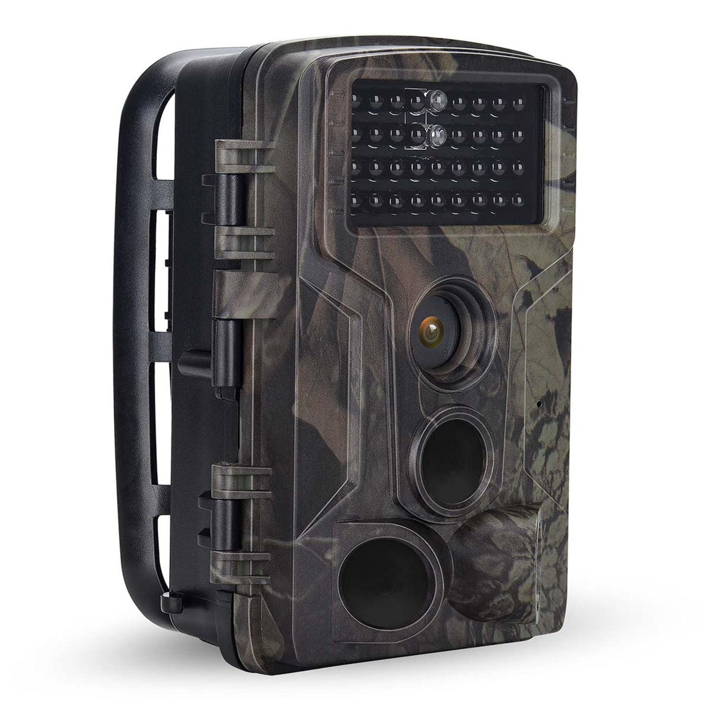 Ultra HD 4K vildtkamera med camouflage, rektangulært design, synlig linse, infrarød sensor og sorte LED-lys til nattesyn.