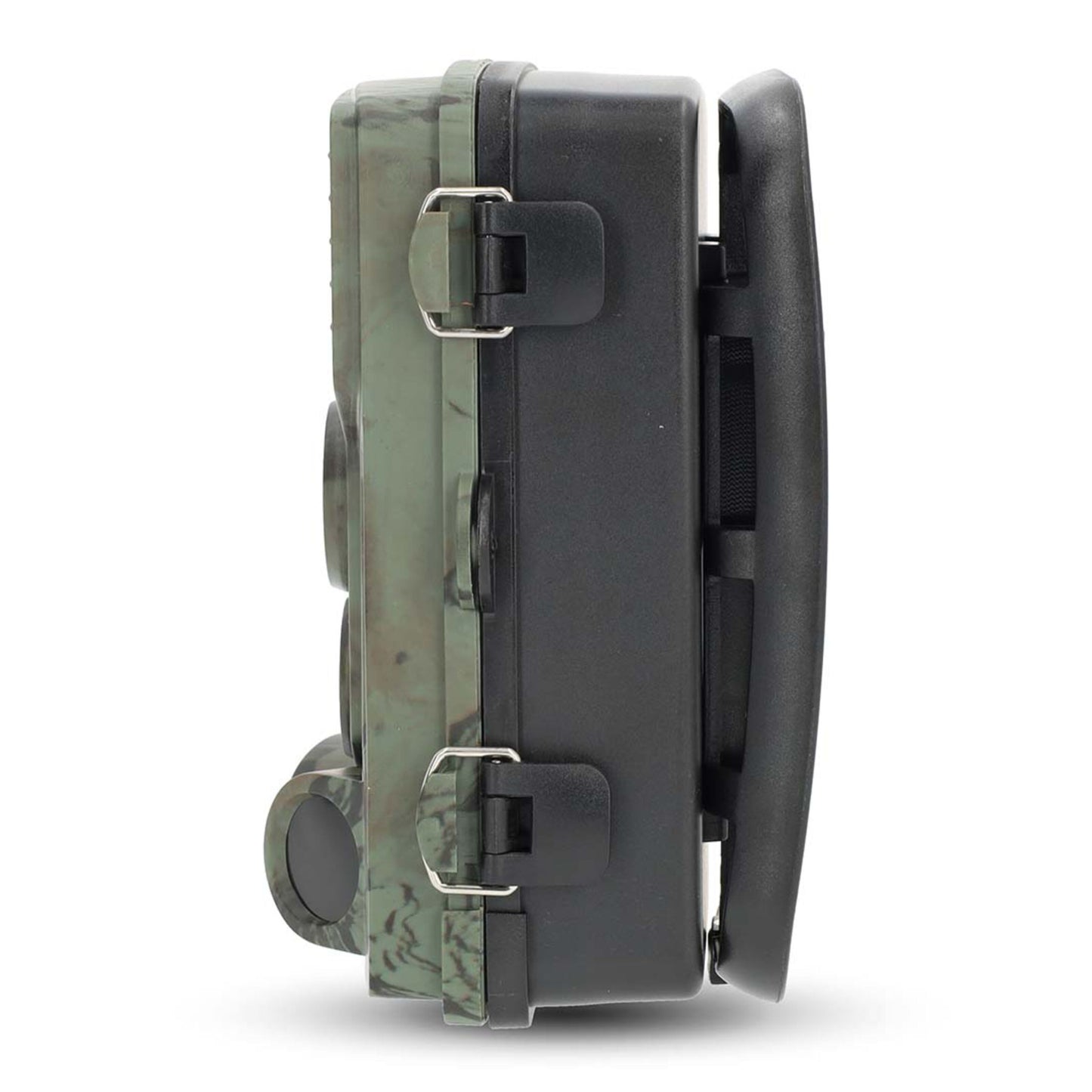 Camouflage hardcase til Ultra HD 4K vildtkamera med sorte låse og robust håndtag i højre side, understøtter nattesyn.