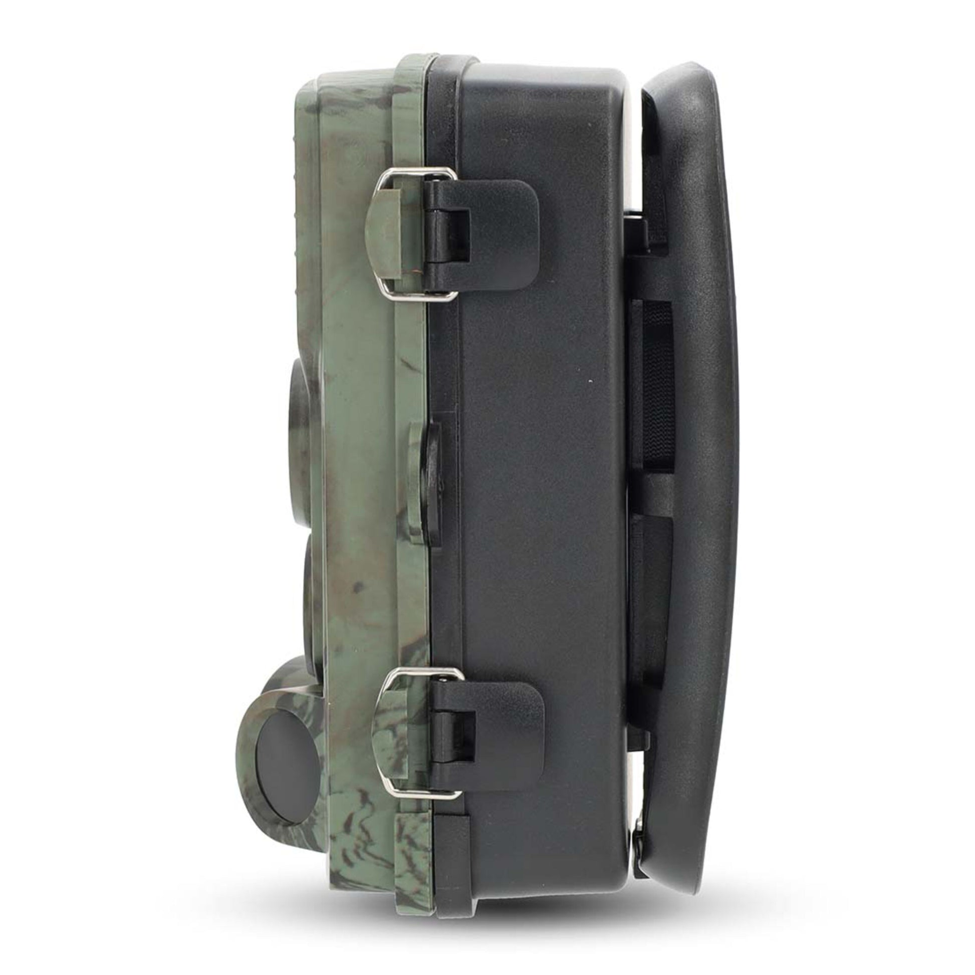 Camouflage hardcase til Ultra HD 4K vildtkamera med sorte låse og robust håndtag i højre side, understøtter nattesyn.