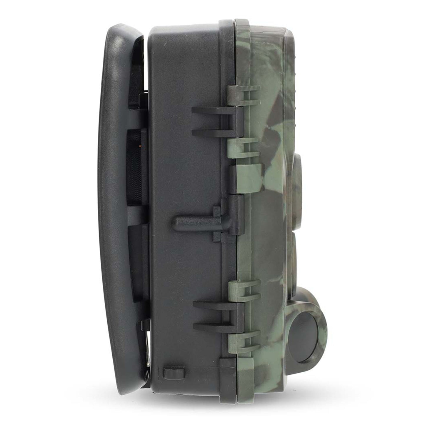 Sidebillede af Nedis Ultra HD 4K vildtkamera i camouflage med låselukninger og let udstående front til nattesyn.