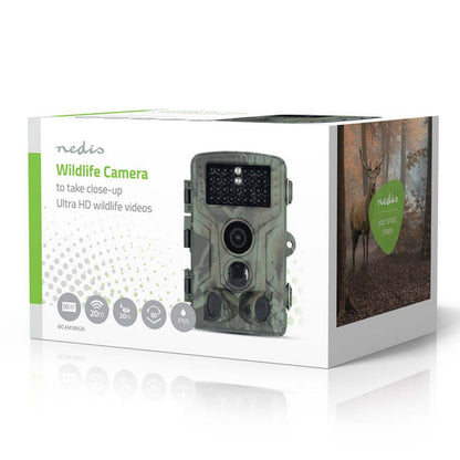 Nedis Ultra HD 4K vildtkamera æske med camoufleret kamera, tekst Ultra HD wildlife video og billede af hjort.
