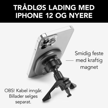 IPhone på magnetisk Qi2 biloplader 15 W med sort, justerbart stativ, norsk tekst om trådløs opladning, kabel medfølger.