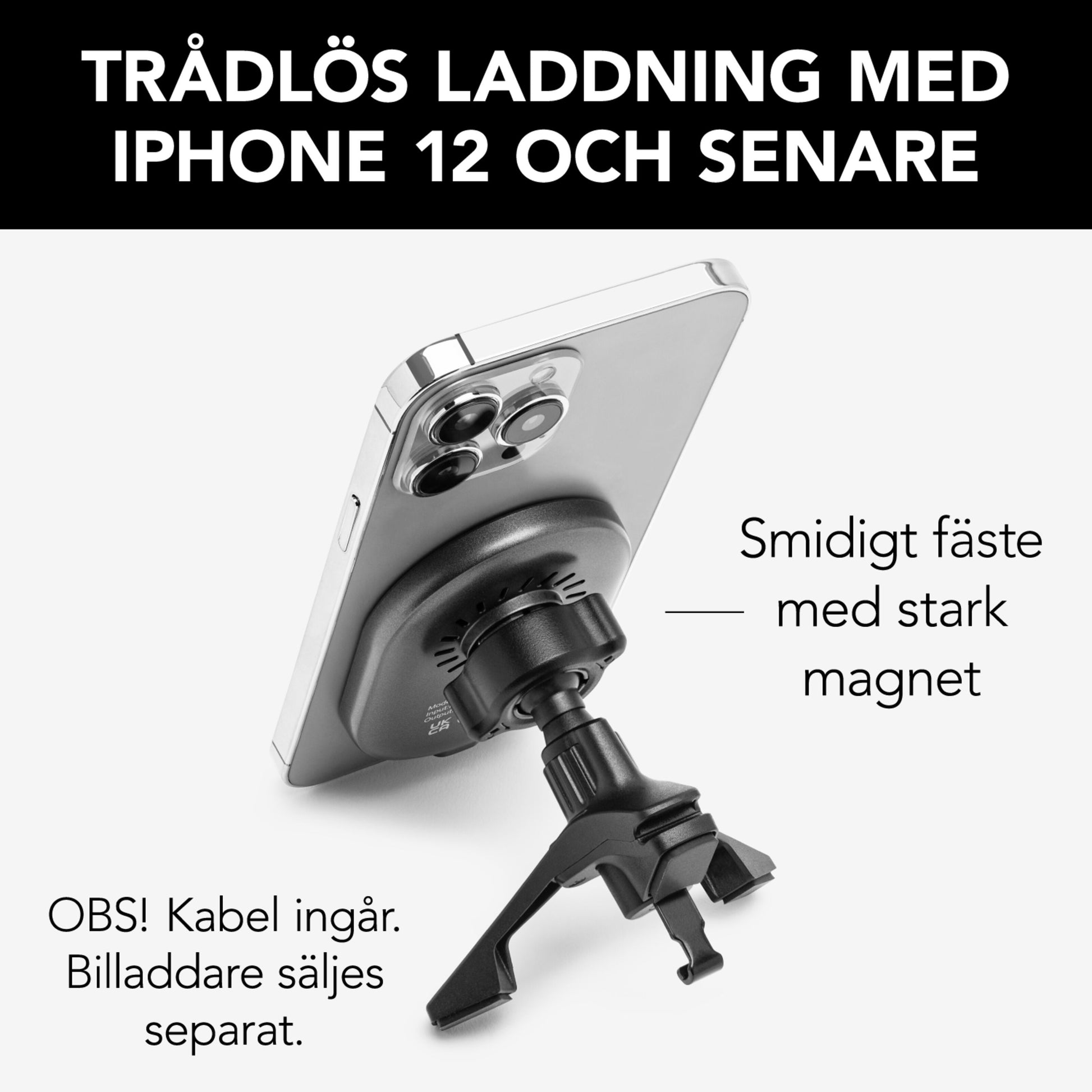 Sølv iPhone på magnetisk Qi2 15W opladningsplade til bil, svensk tekst: kabel medfølger, lader sælges separat.