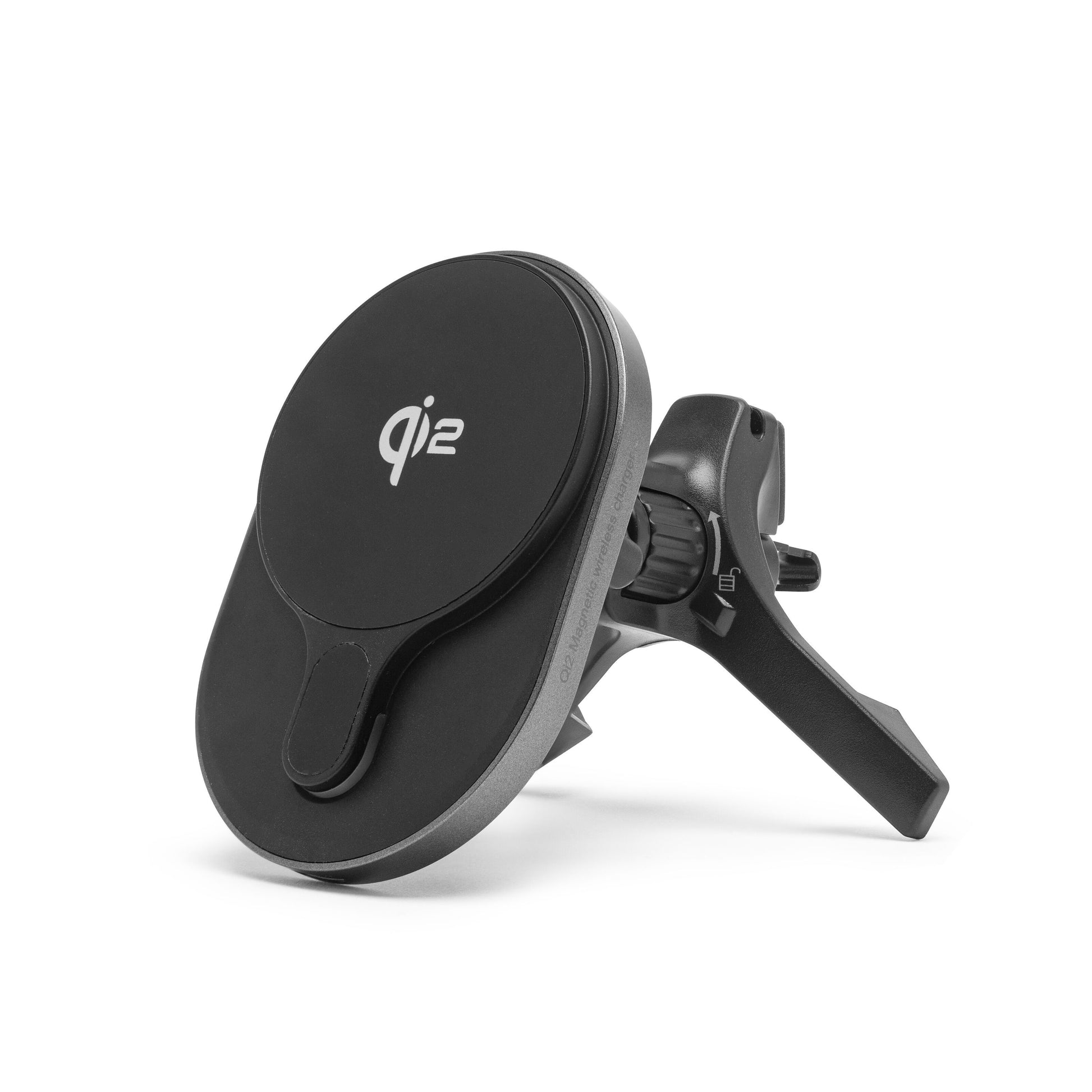 Linocell Magnetisk Qi2 opladningsplade 15 W sort, til bilens luftventil, Qi2-logo, understøtter magnetisk trådløs opladning.