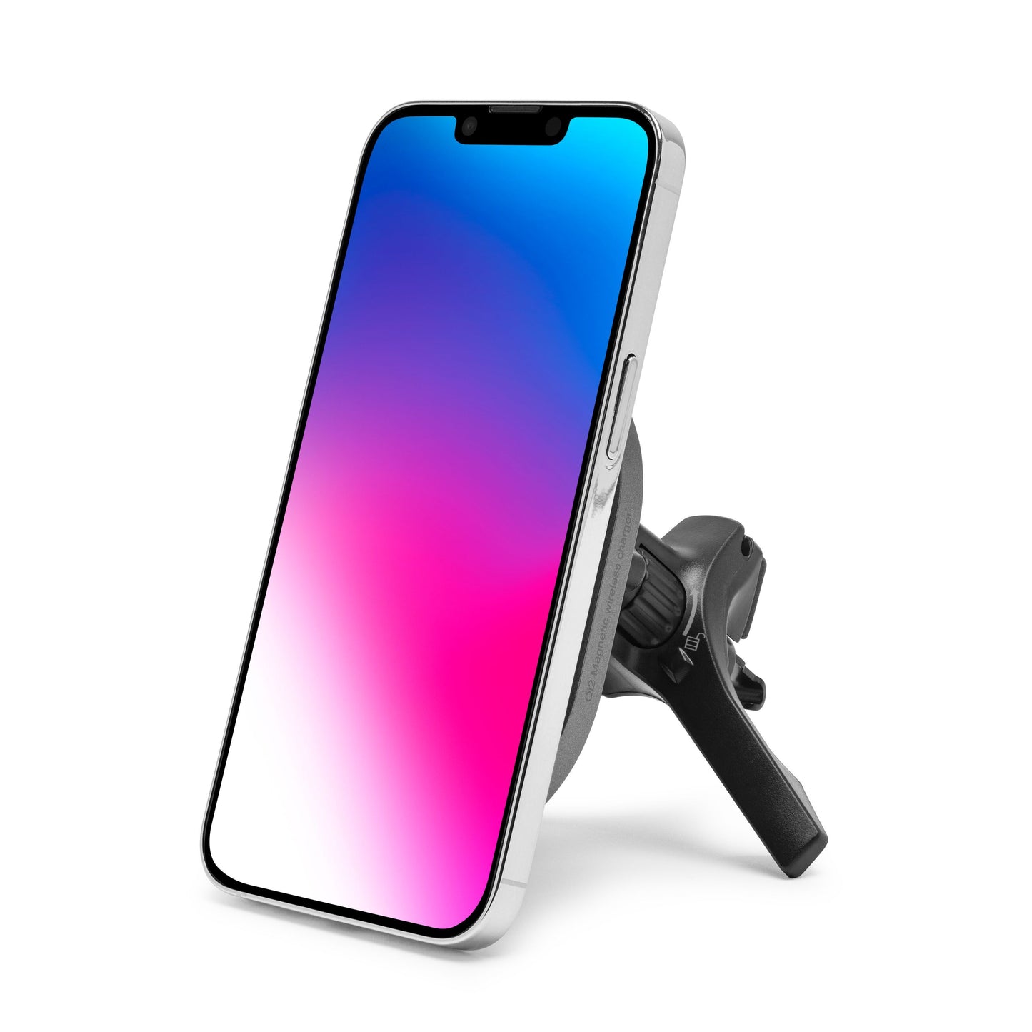 Linocell Magnetisk Qi2 opladningsplade til bil 15W sort, smartphone med blå/lyserød skærm monteret i luftdysen.