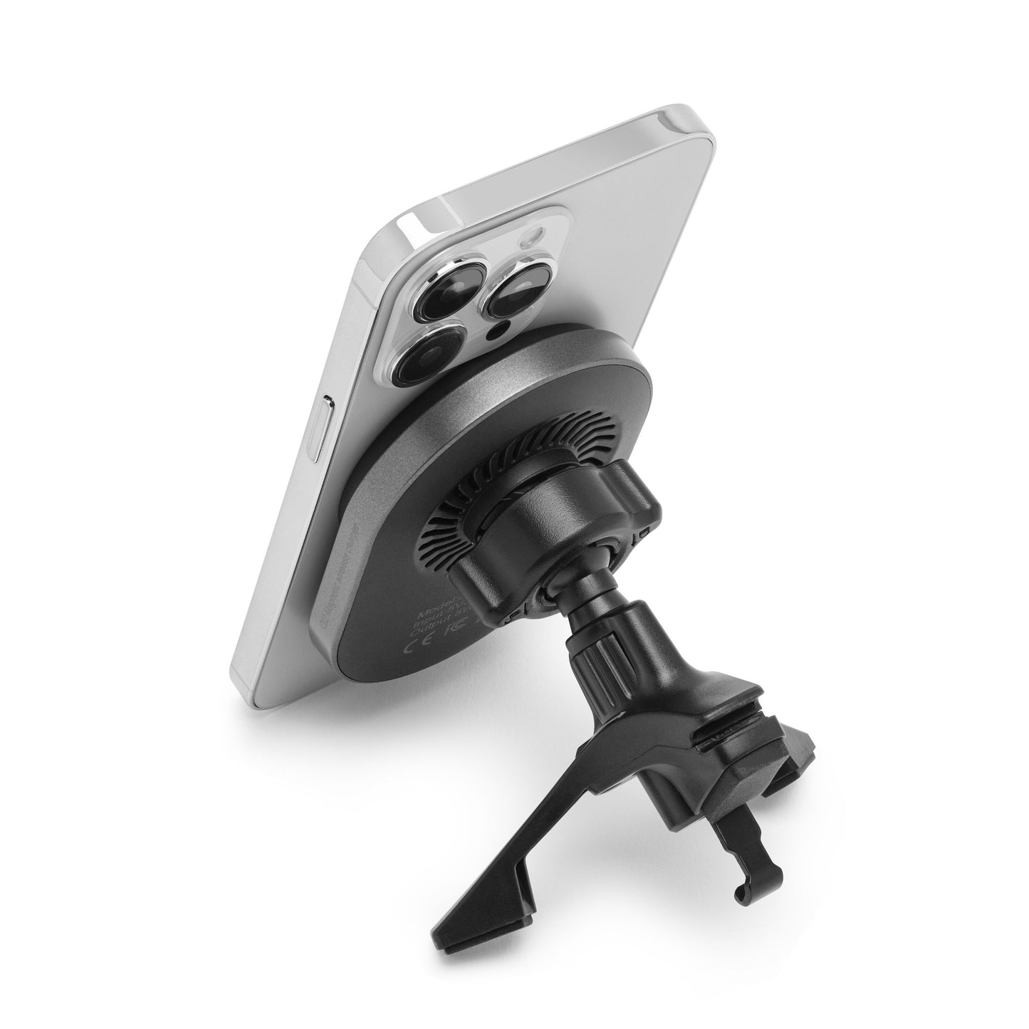 Linocell Magnetisk Qi2 opladningsplade 15W til bil, sort justerbar luftudgangs-holder med klemme og kugleled, bagside-vinkel.