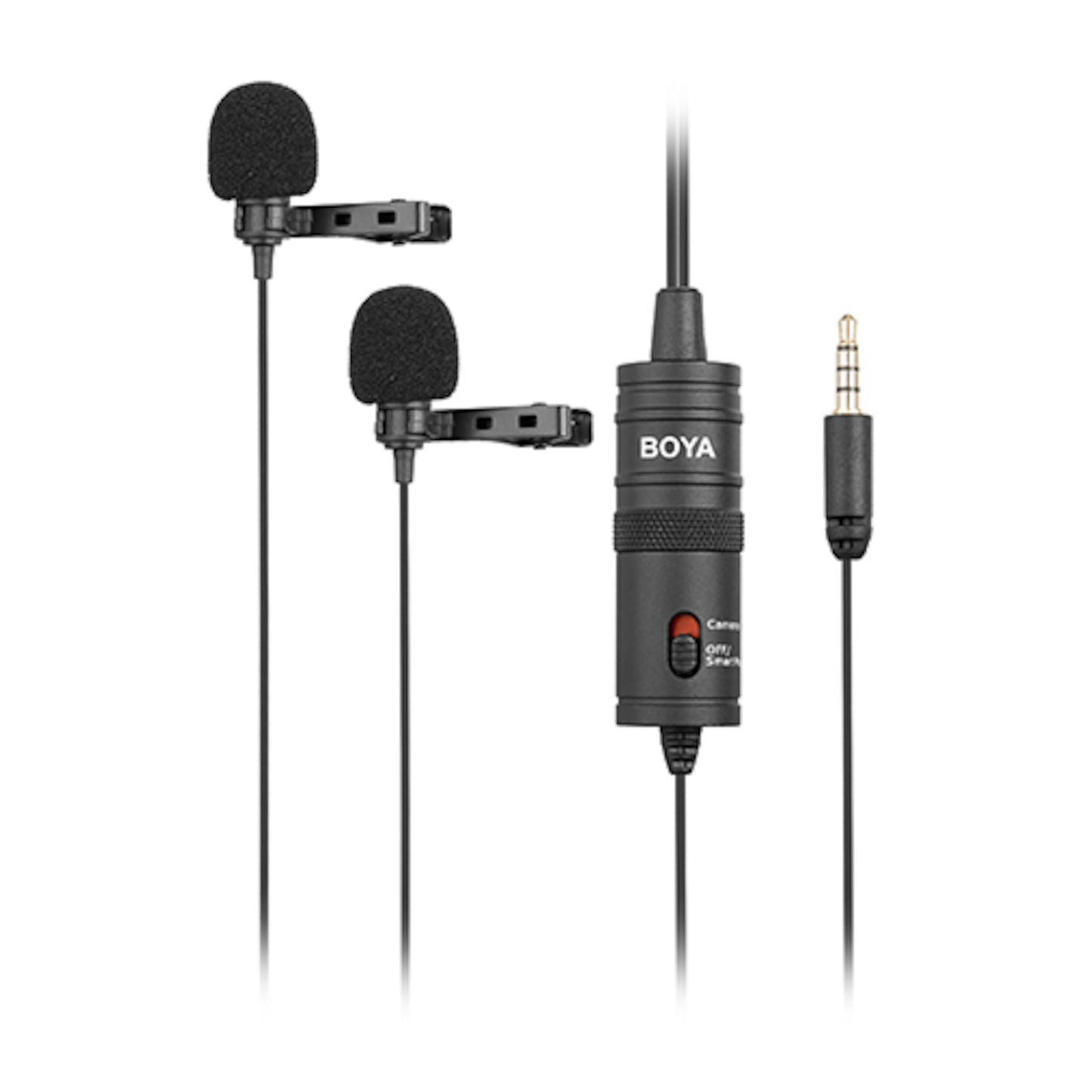 Boya BY-M1DM dobbelt sort myggenet med to clip-on mikrofoner, skumvindhætter, kontrolmodul og 3,5 mm jackstik.