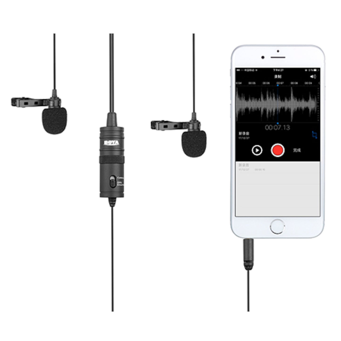 Boya BY-M1DM dobbelt lavaliermikrofon med clip og skumvindhætte tilsluttet smartphone via jackstik.