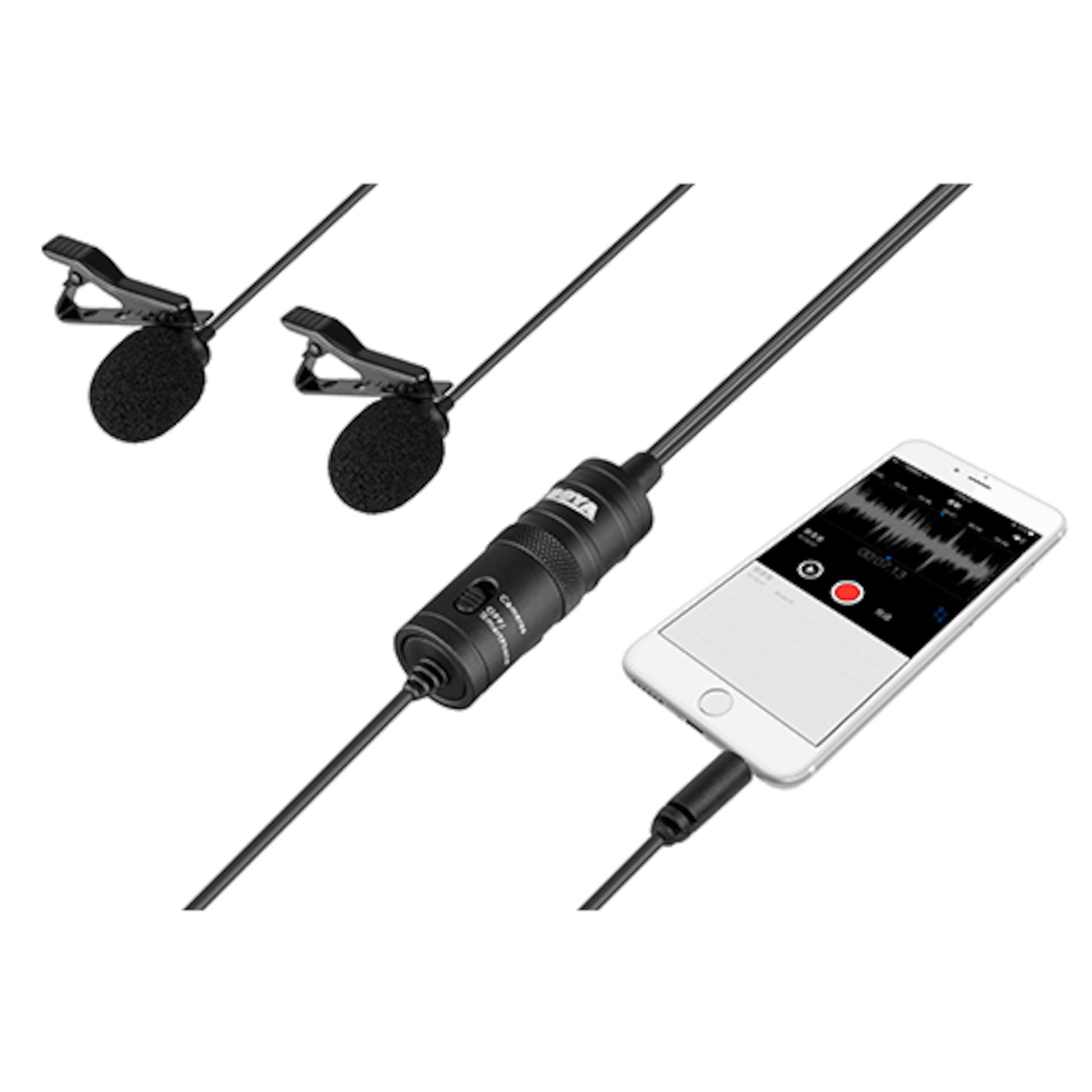 Boya BY-M1DM dobbelt lapel-mikrofon med skumovertræk, tilsluttet smartphone med optageapp, sort.