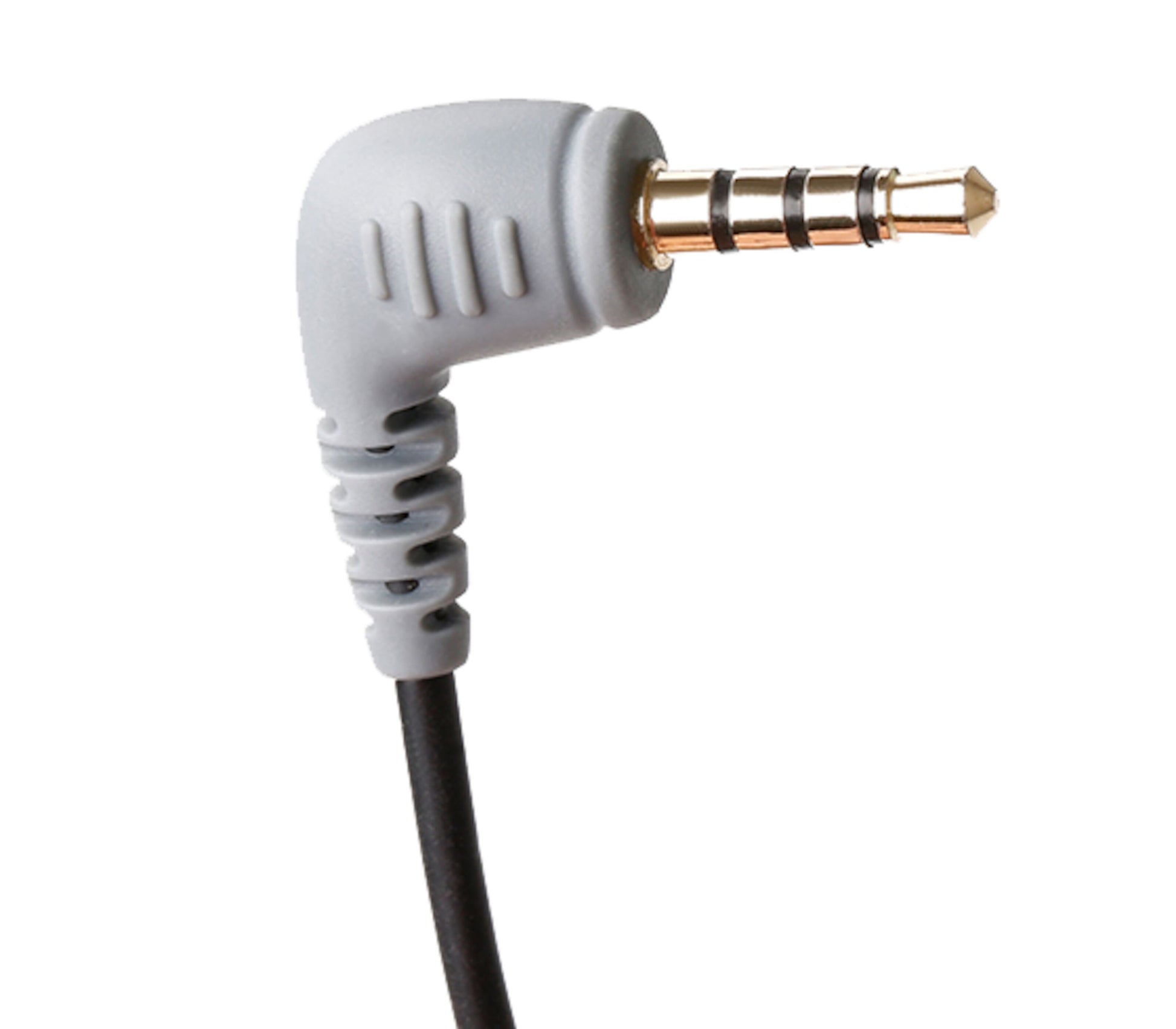Boya BY-CIP Mikrofonadapter 3,5 mm, grå vinkelstik med tre slags ringe og sort fastmonteret kabel.
