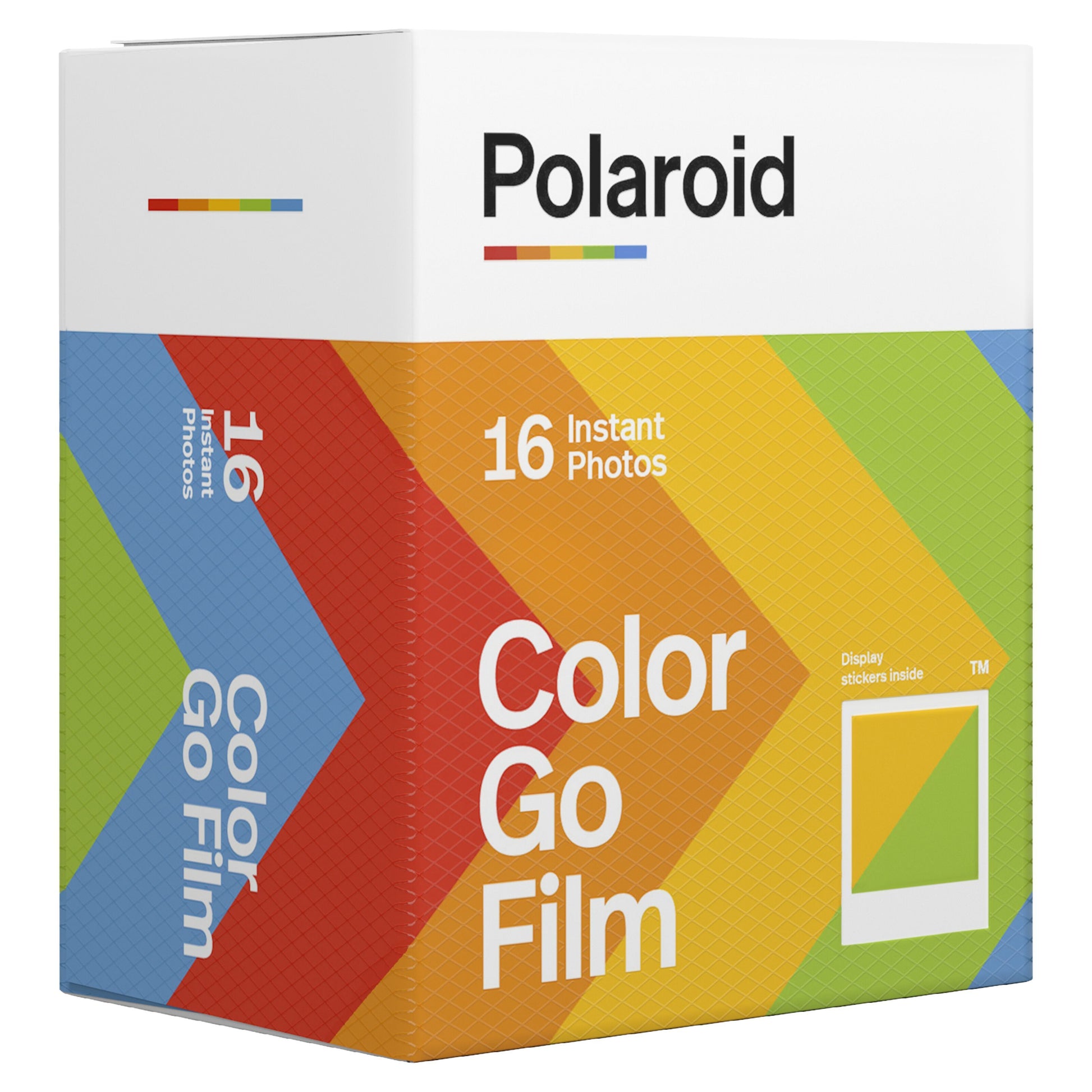 Polaroid Go Film Dobbelt Pakke 16 billeder æske med geometrisk regnbuedesign og tekst "16 Instant Photos" og "Color Go Film.