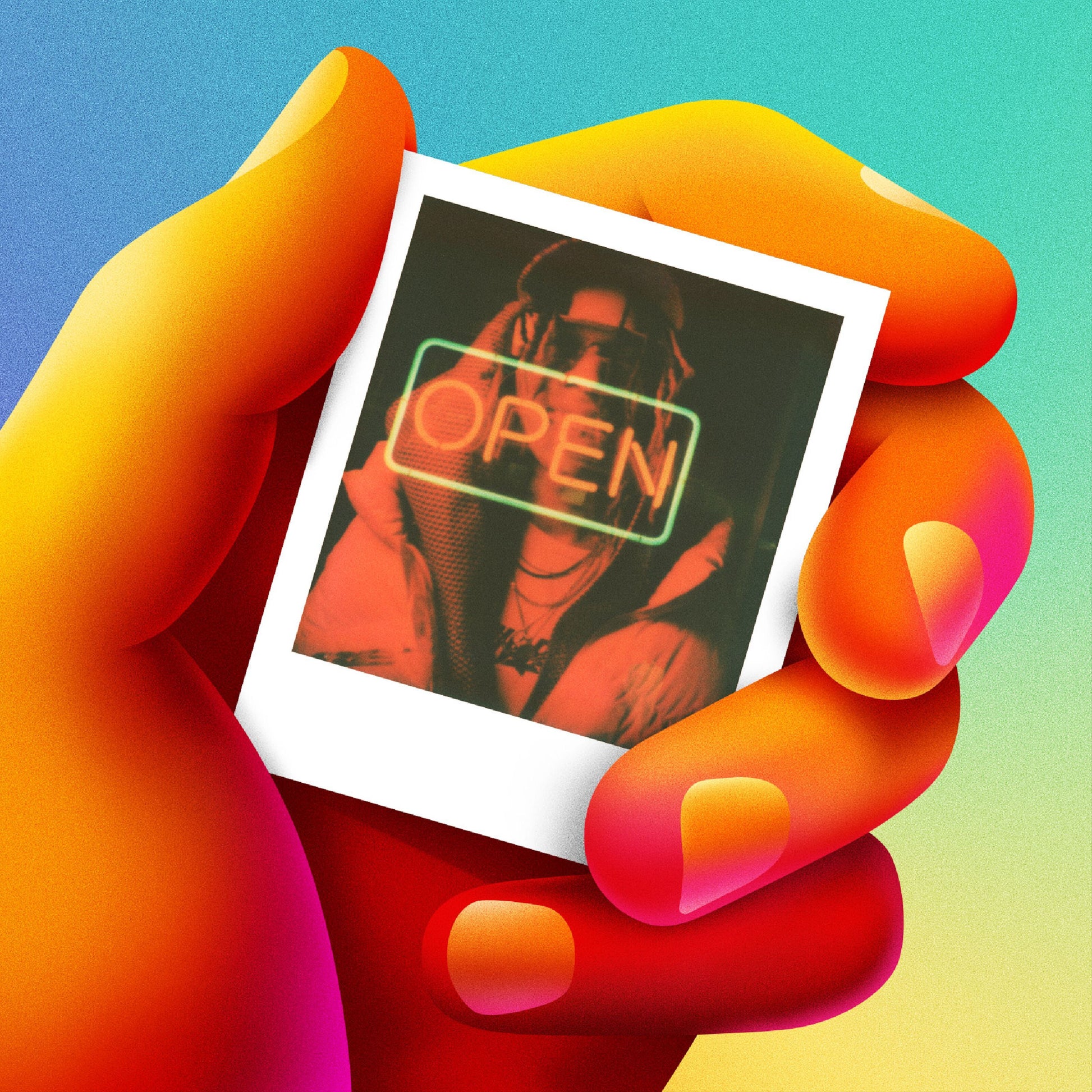 Polaroid Go Film Dobbelt Pakke 16 billeder, polaroidfoto holdes foran neonskilt med teksten OPEN, farvet baggrund.