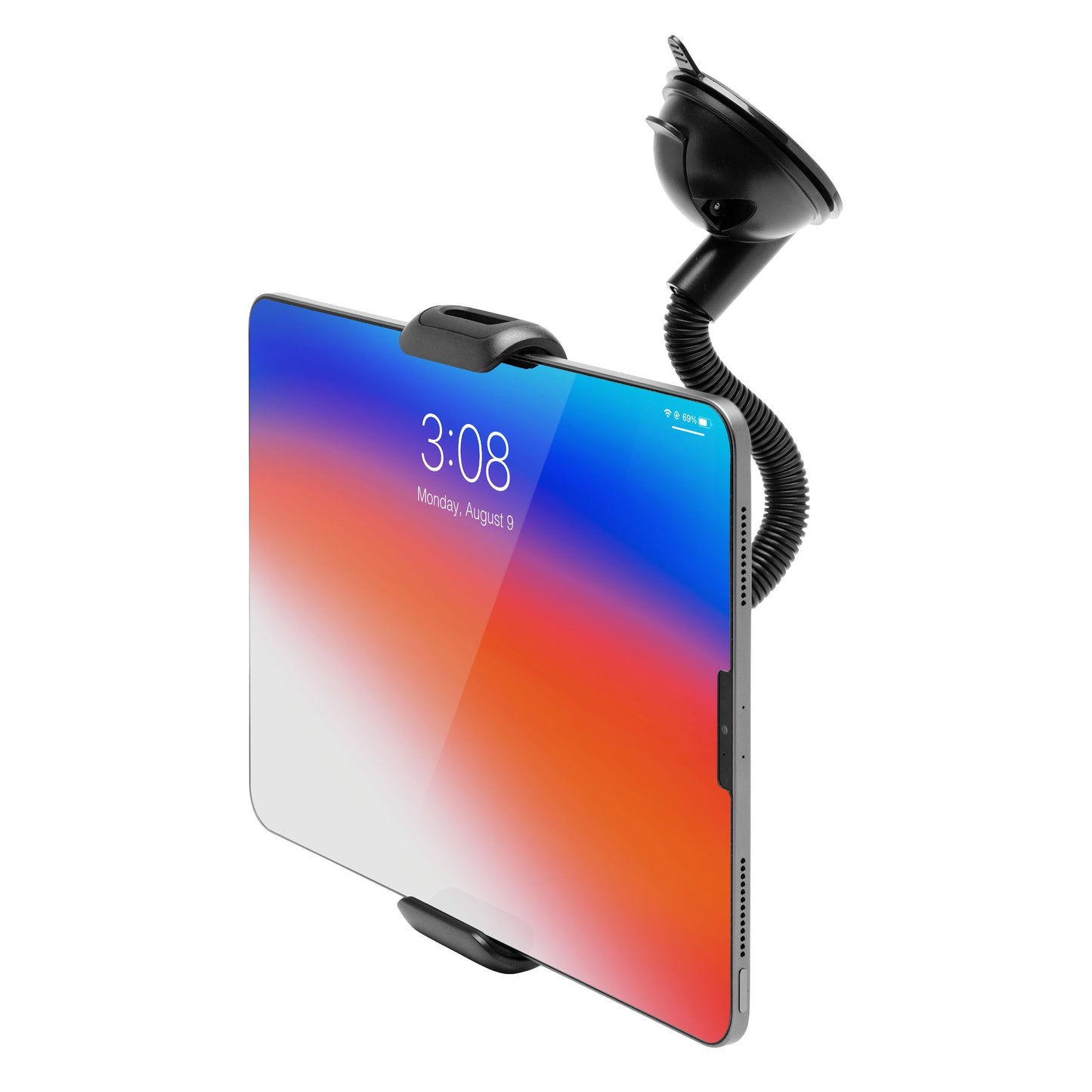 Tablet med farverig skærm i justerbar Linocell bilholder med fleksibel arm og sugekop, egnet til glatte overflader.