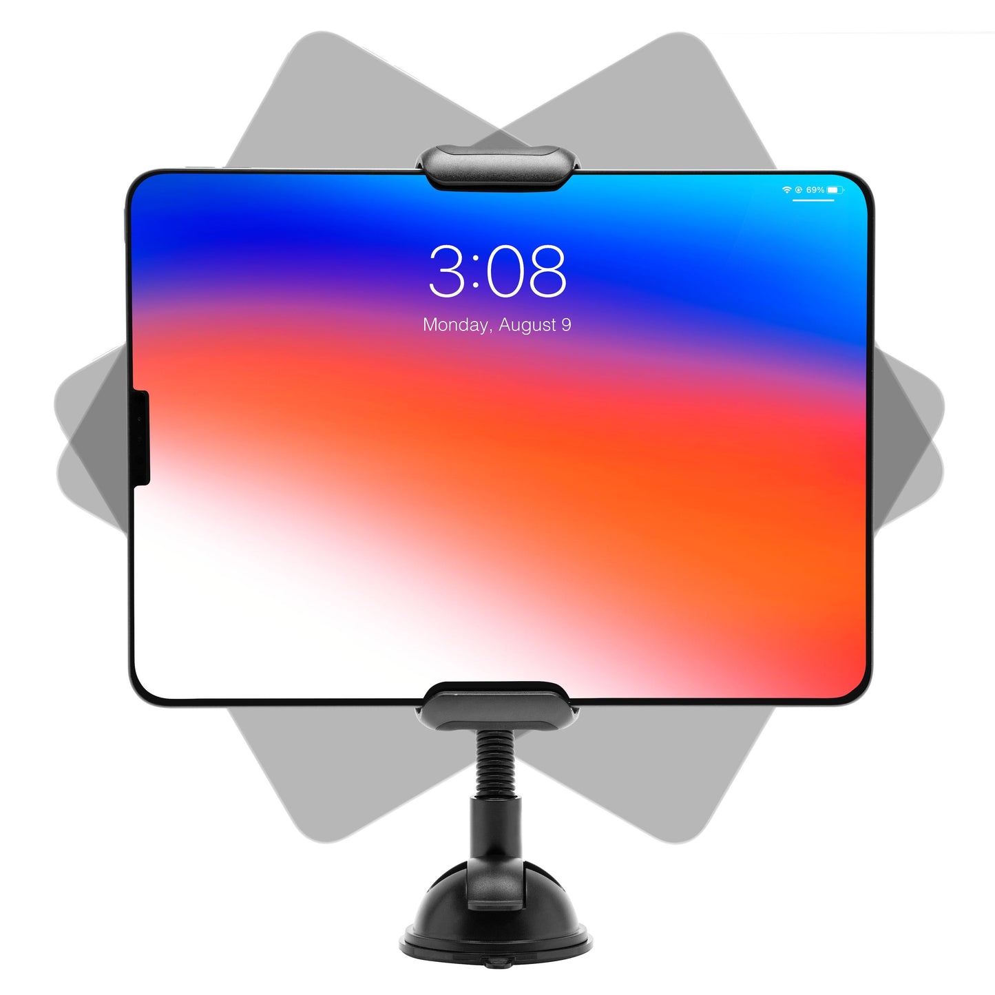 Tablet med farverig skærm vises i justerbar bilholder med sugekop til tablet, set fra forside mod grå baggrund.