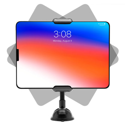 Tablet med farverig skærm vises i justerbar bilholder med sugekop til tablet, set fra forside mod grå baggrund.