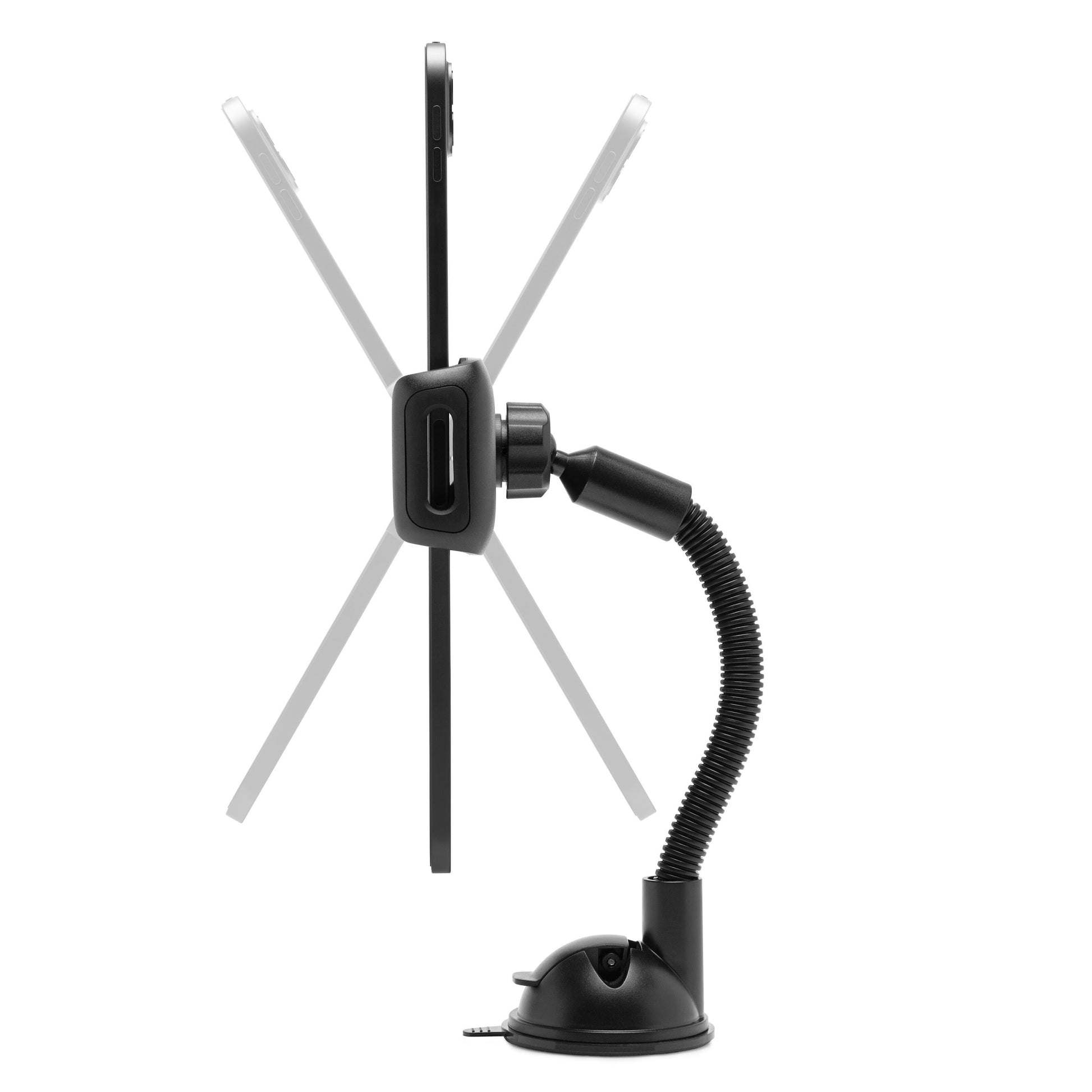 Linocell Bilholder med sugekop til tablet, sort, justerbar hældning, fleksibel sugekopsbase.