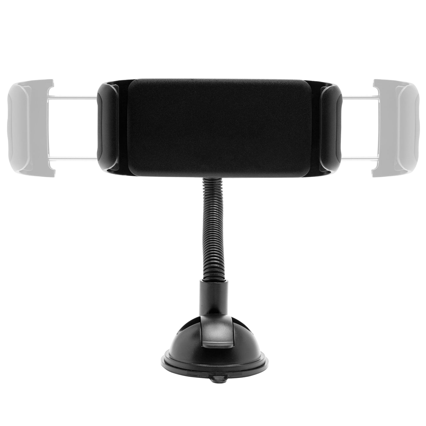 Bilholder med sugekop til tablet, sorterer fleksibel hals og justerbare sidegreb, vises i flere positioner for bredde.