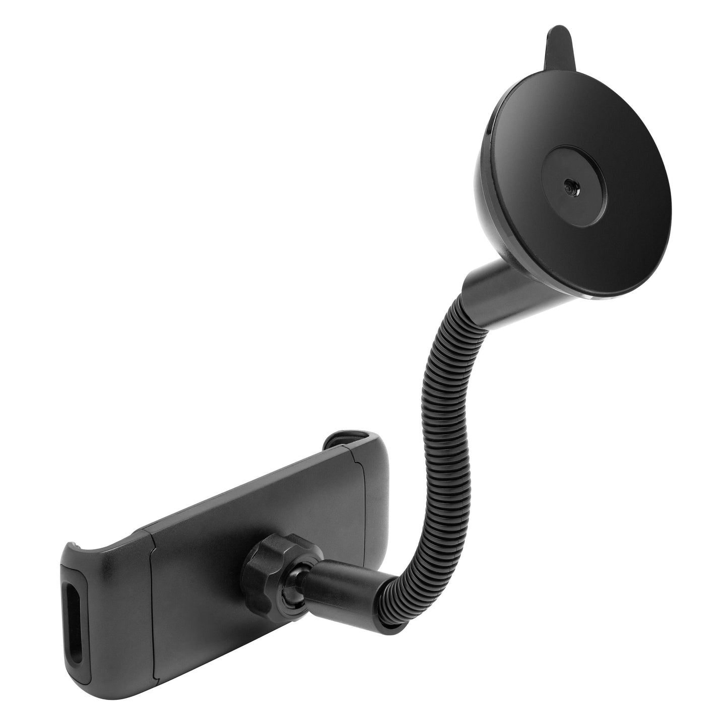 Sort fleksibel bilholder med sugekop, rund magnetisk holder og justerbar holder til tablet eller mobil på instrumentbræt eller forrude.