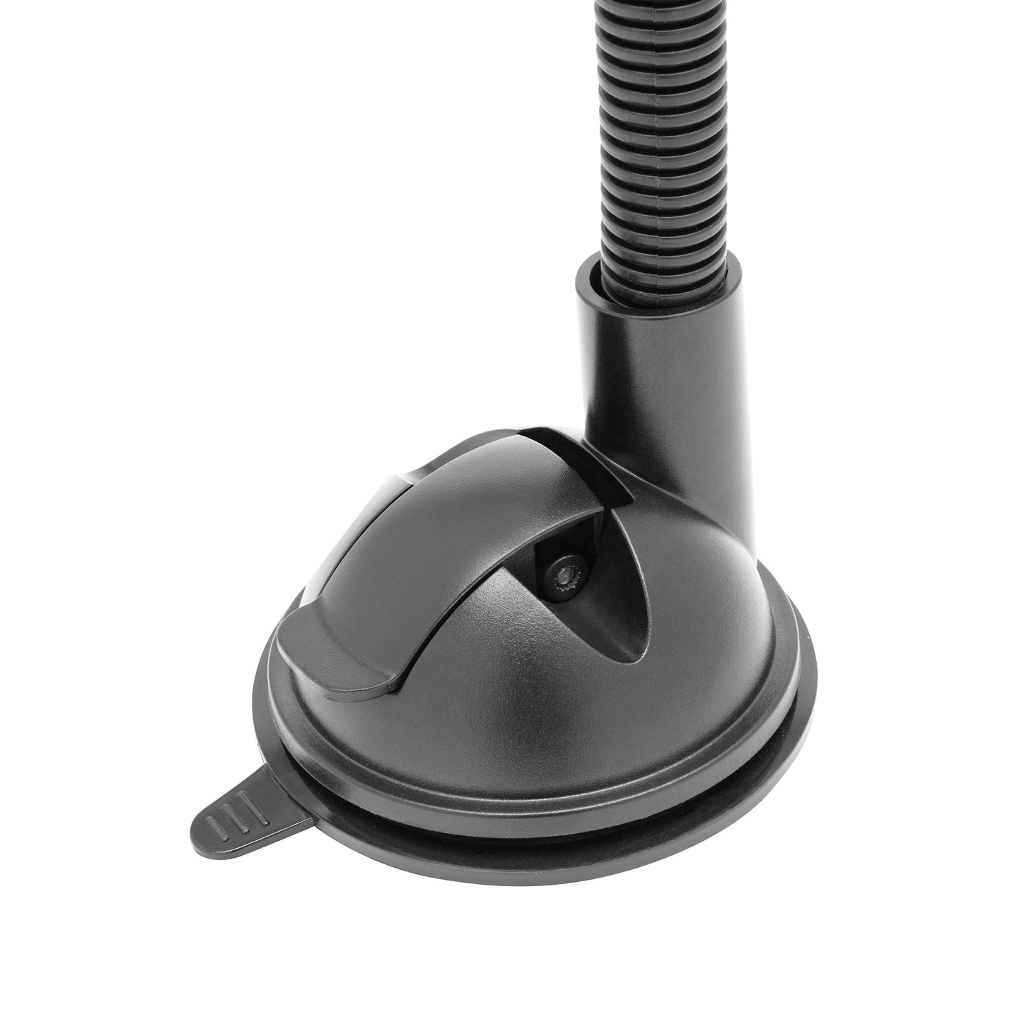 Linocell bilholder med sugekop, sort, fleksibel arm og låsegreb til montering af tablet eller mobil på glatte overflader.