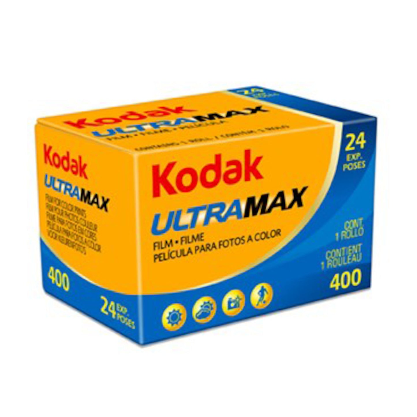 Kodak UltraMax 135-film ISO 400 24 farvebilleder gul og blå æske med engelsk, spansk, fransk tekst og ikoner, 1 rulle.
