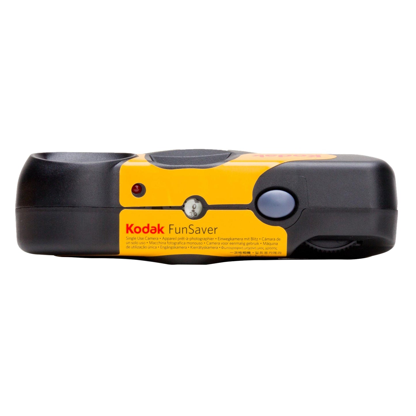 Kodak engangskamera med blitz, 27 billeder, sort-gult design, frontlinse, flash og rød udløserknap.