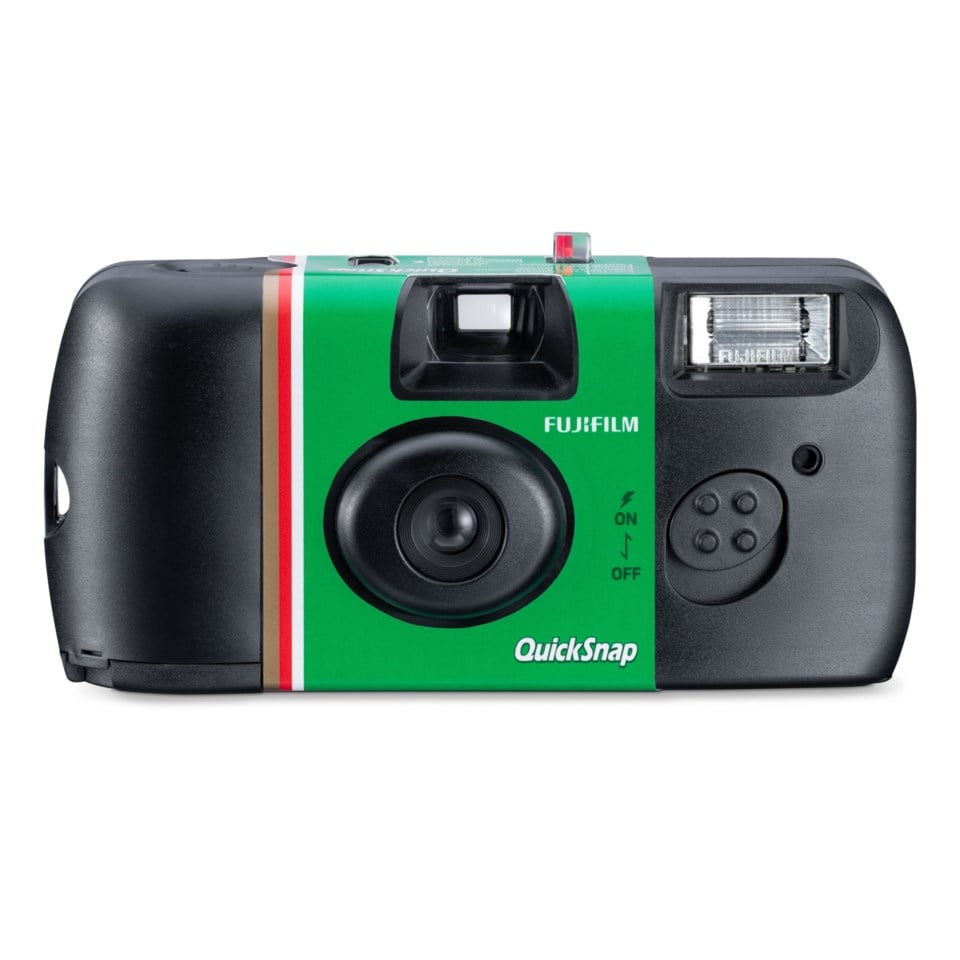 Fujifilm QuickSnap Flash engangskamera, 27 billeder, grøn/sort design, indbygget blitz, frontbetjening og søger.