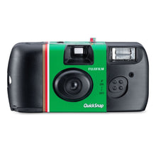 Fujifilm QuickSnap Flash engangskamera, 27 billeder, grøn/sort design, indbygget blitz, frontbetjening og søger.