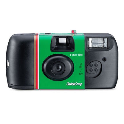Fujifilm QuickSnap Flash engangskamera, 27 billeder, grøn/sort design, indbygget blitz, frontbetjening og søger.
