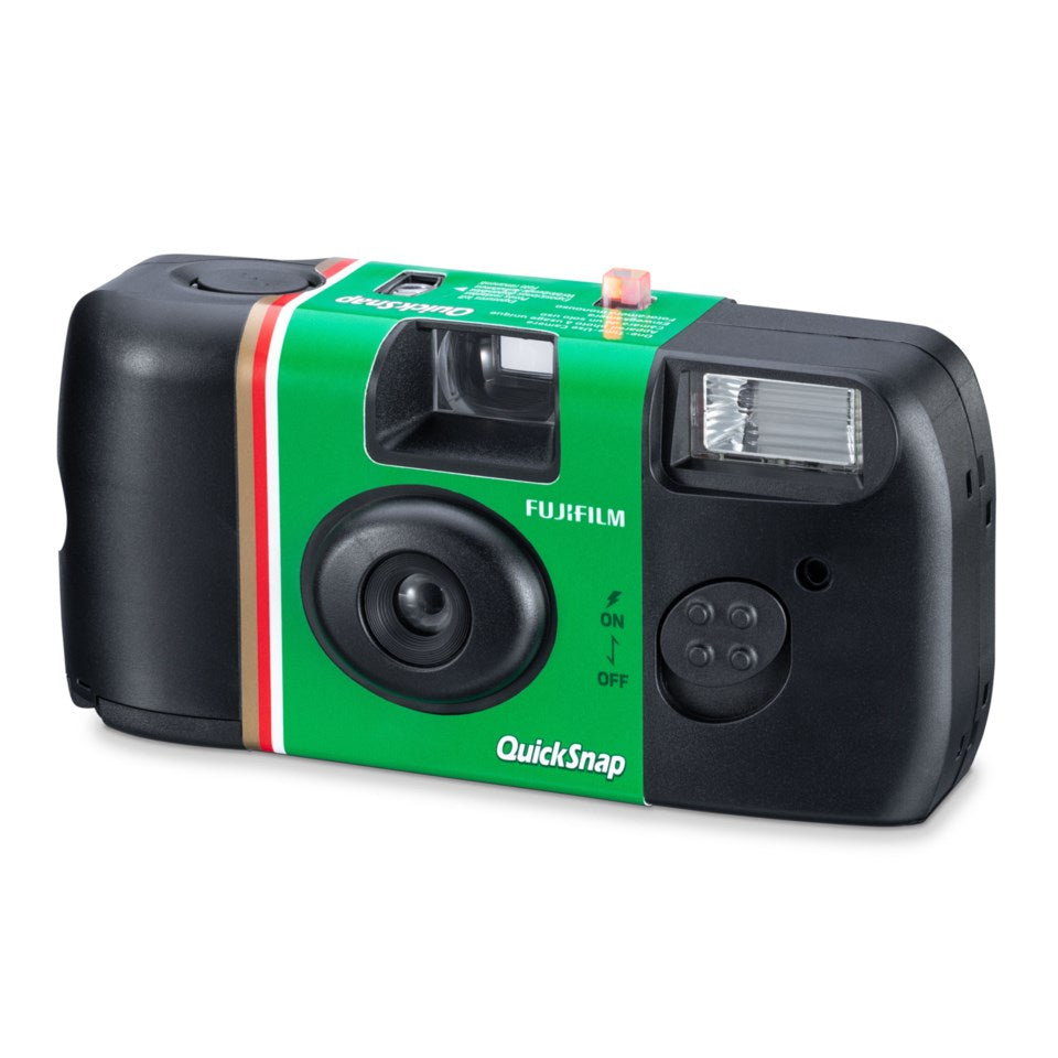 Fujifilm QuickSnap Flash engangskamera, grøn/sort design, rød/hvid stribe, 27 billeder, indbygget blitz.