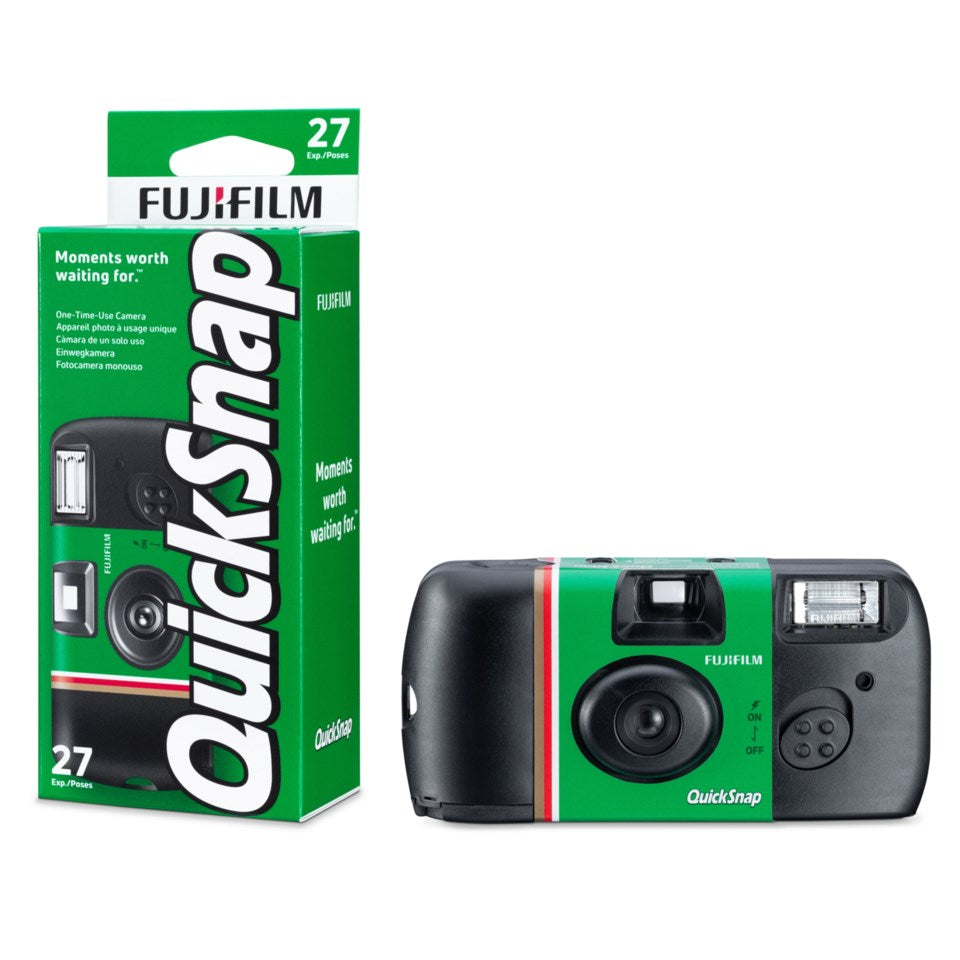 Fujifilm QuickSnap Flash engangskamera 27 billeder grønt og sort design vist ved siden af original æske.