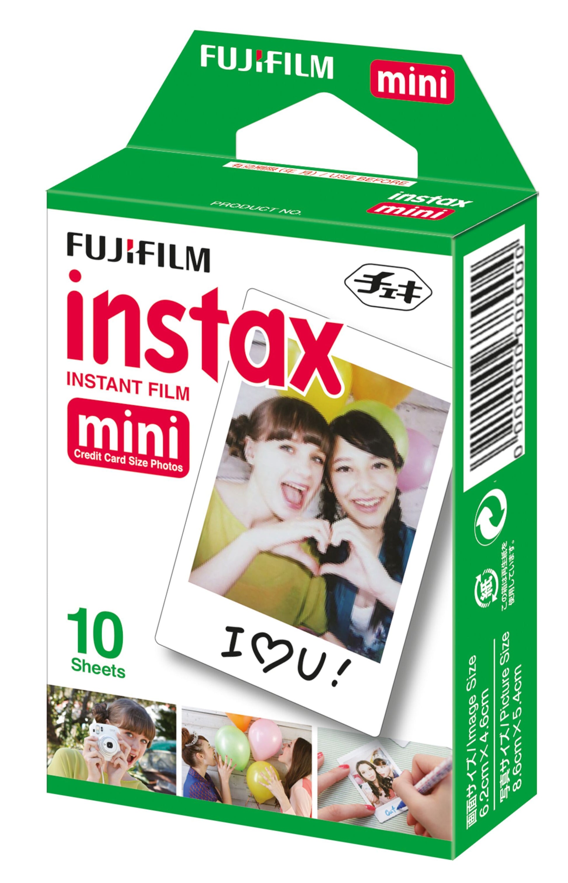 Fujifilm Instax Mini film 10-pak æske, grøn/hvid, med billede af to piger der laver hjerte med hænderne.