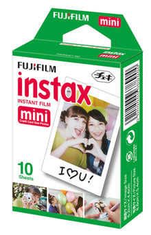 Fujifilm Instax Mini film 10-pak æske, grøn/hvid, med billede af to piger der laver hjerte med hænderne.