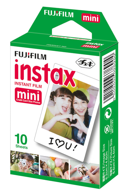 Fujifilm Instax Mini film 10-pak æske, grøn/hvid, med billede af to piger der laver hjerte med hænderne.