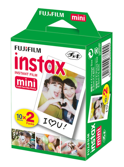 Fujifilm Instax Mini film 20-pak æske grøn med billedeksempel og info om 20 ark instant film til fysiske fotos.