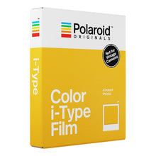 Polaroid film til Now og Onestep 2 i-Type, farve, 8 billeder, gul/hvid æske med Polaroid logo og regnbuestribe.