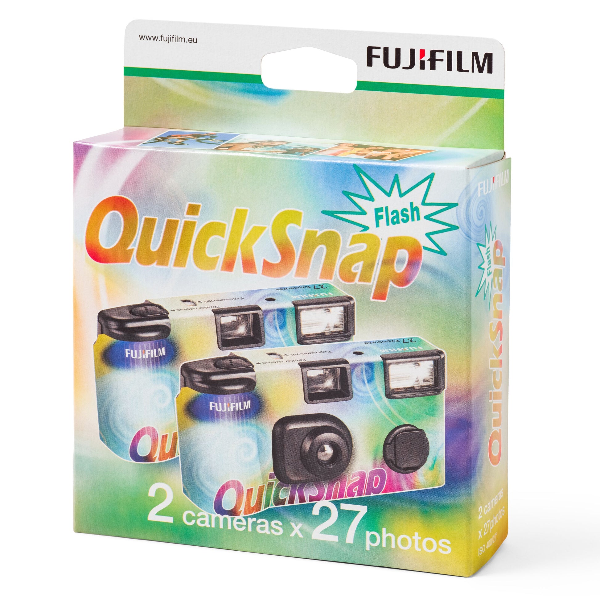 Fujifilm QuickSnap Flash engangskamera 2-pak, 27 billeder pr kamera, farverig æske med tekst "2 cameras x 27 billeder.