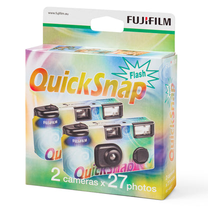 Fujifilm QuickSnap Flash engangskamera 2-pak, 27 billeder pr kamera, farverig æske med tekst "2 cameras x 27 billeder.