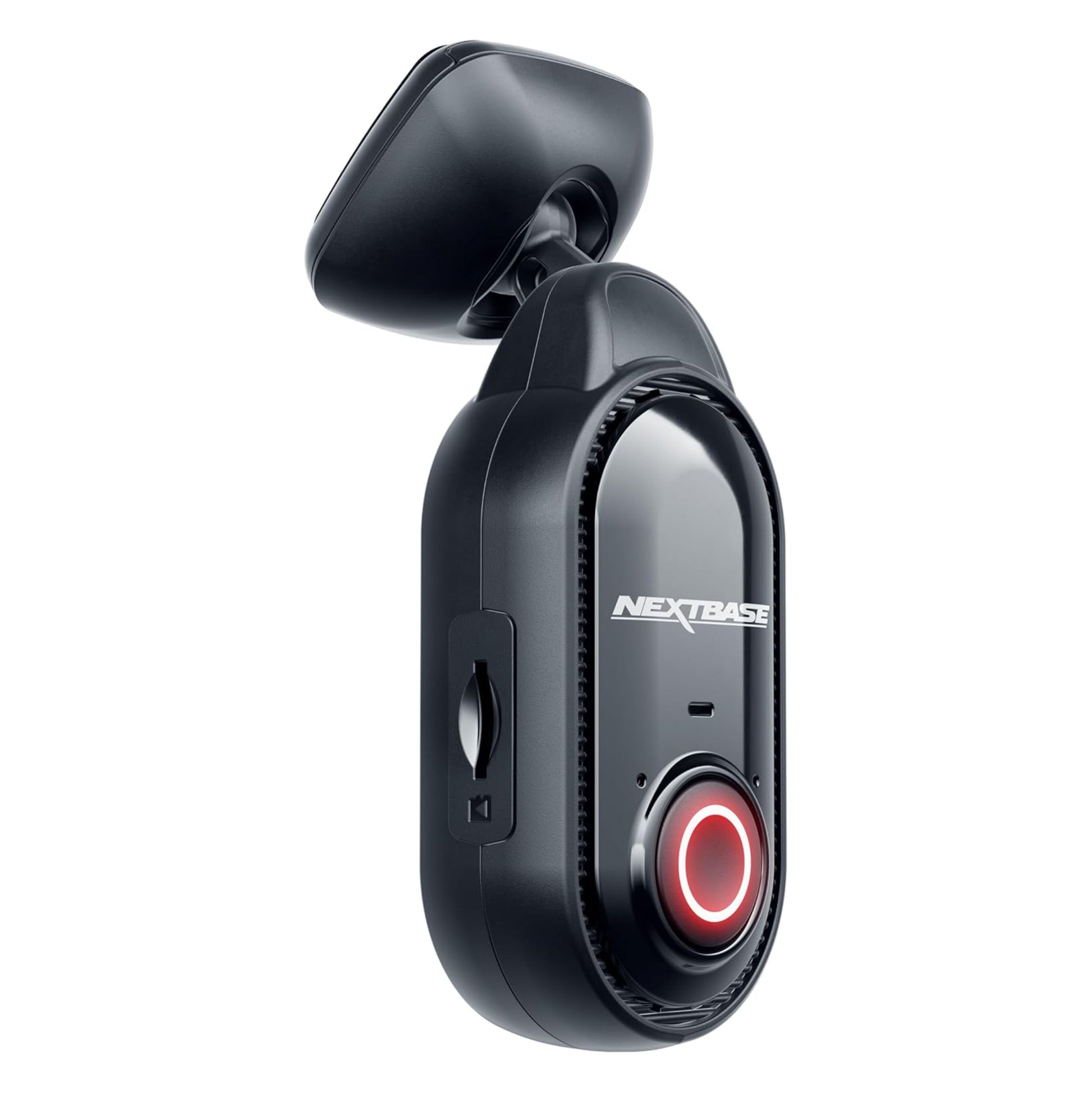 Nextbase Piqo 1K dashcam sort med linse, rødt indikatorlys, sideslot, drejemontering og nattesyn.