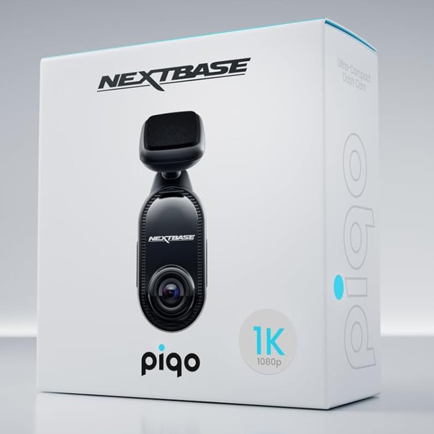 Nextbase Piqo 1K dashcam æske med 1K 1080p, smart parkering, hvid/blå/sort emballage.