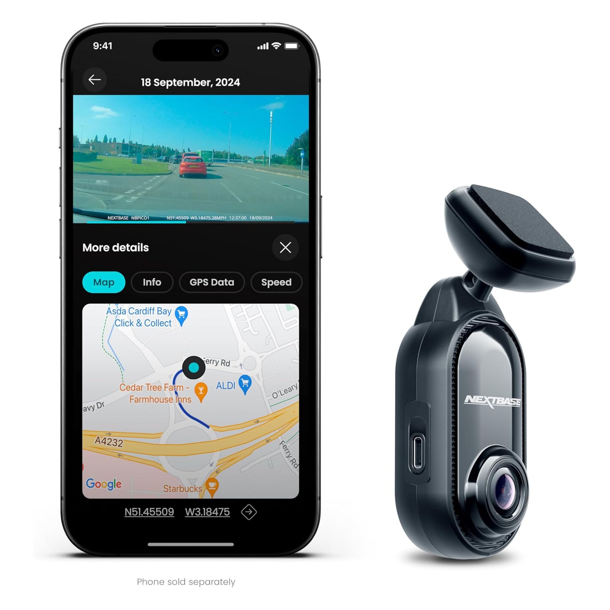 Nextbase Piqo 2K dashcam med linse og magnetisk montering, vises ved siden af smartphone med dashcam-optagelse og GPS.