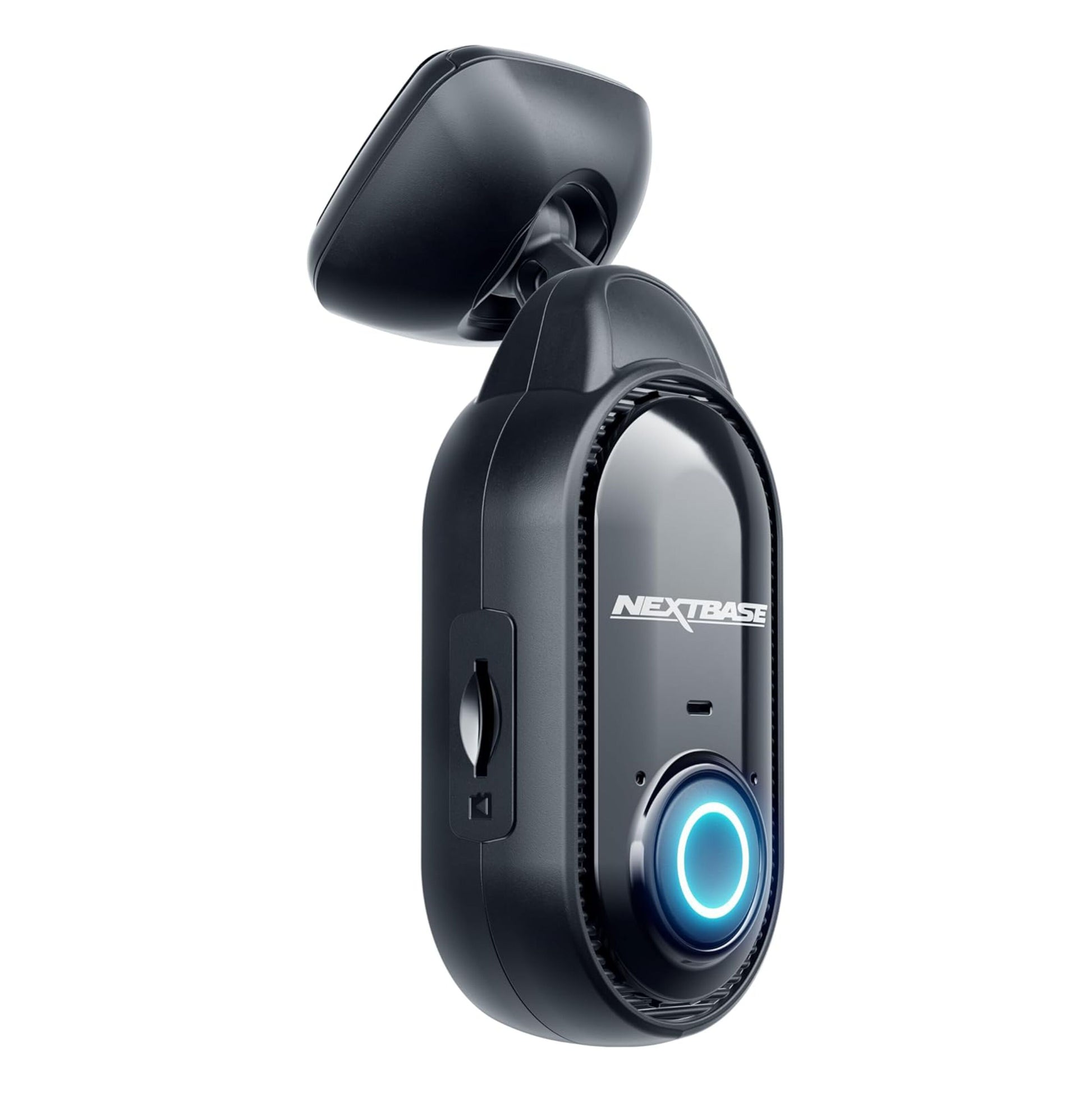 Nextbase Piqo 2K dashcam sort, blåt oplyst knap, objektiv, topmontering, microSD-kortslot på siden.
