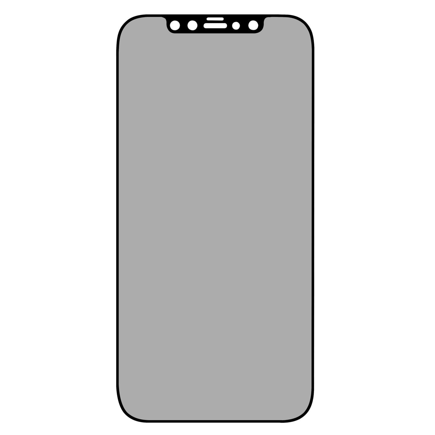 Sort konturomrids af smartphone med grå skærm, afrundede hjørner og top notch, passer til Elite Extreme Privacy iPhone 12/12 Pro.