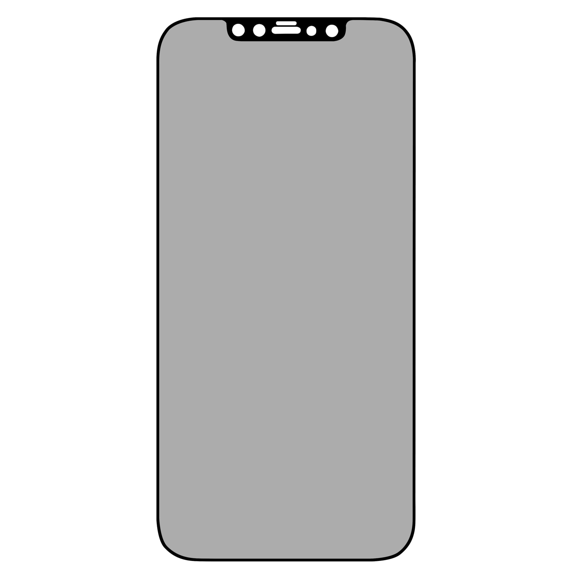 IPhone 12 Pro Max med hærdet glas, afrundede hjørner og sort notch, visning af privacy skærmbeskyttelse.