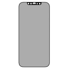 IPhone 12 Pro Max med hærdet glas, afrundede hjørner og sort notch, visning af privacy skærmbeskyttelse.